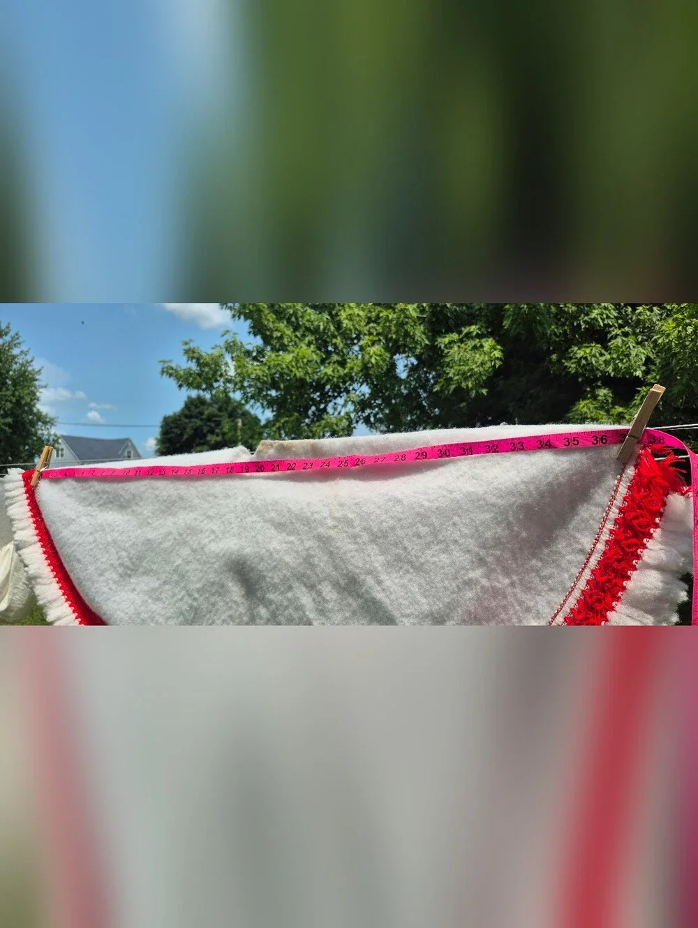 Vintage White Felt Christmas Tree Skirt Red White Crochet Fringe Holiday Decor